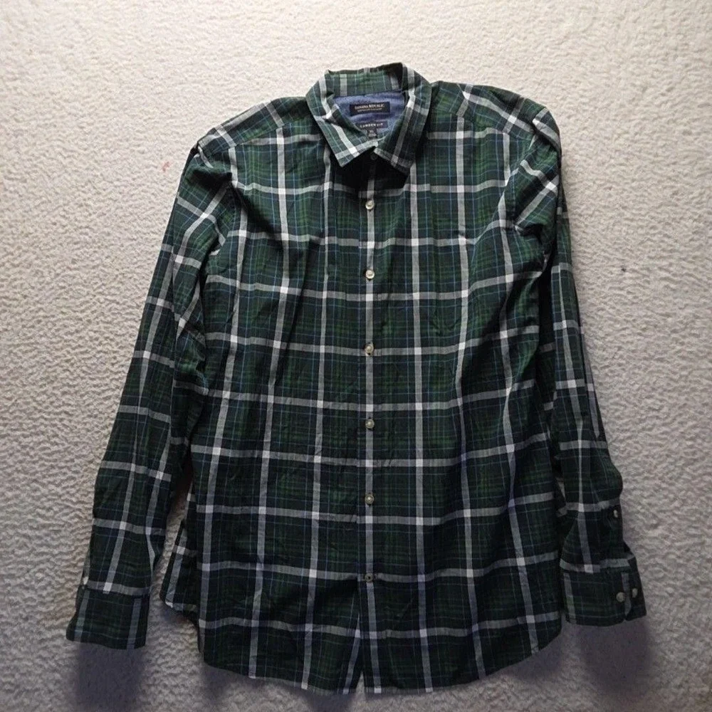 Banana Republic Shirt Mens XL Green Plaid Long Sleeve Camden Fit Button-Up